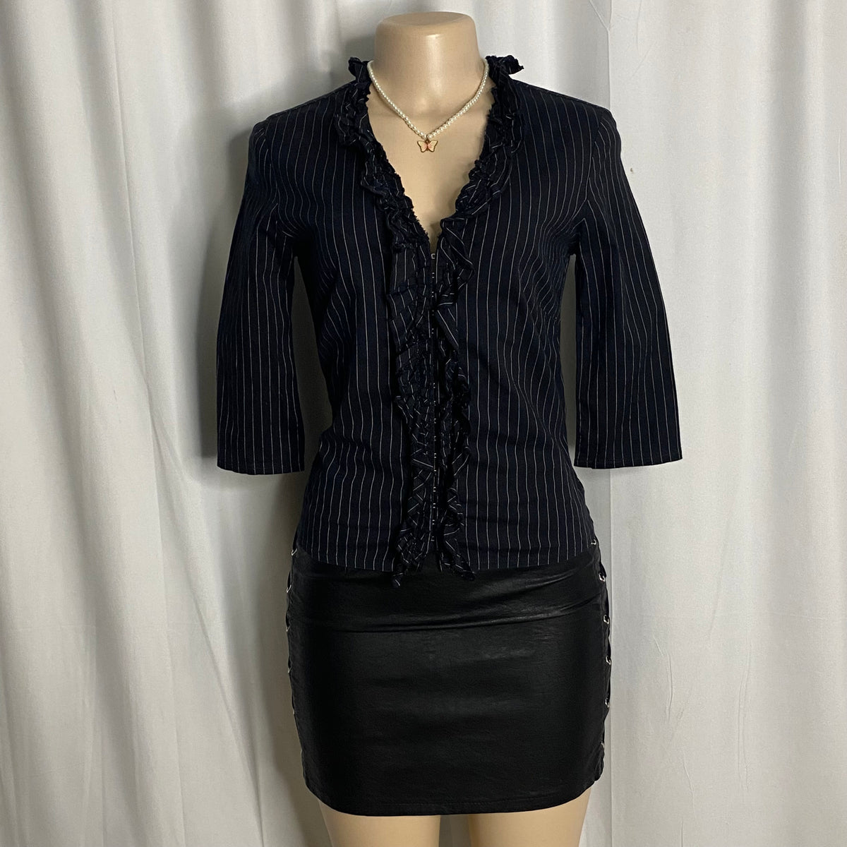 Vintage Black Pinstripe Corset-Style Ruffled Top Size S