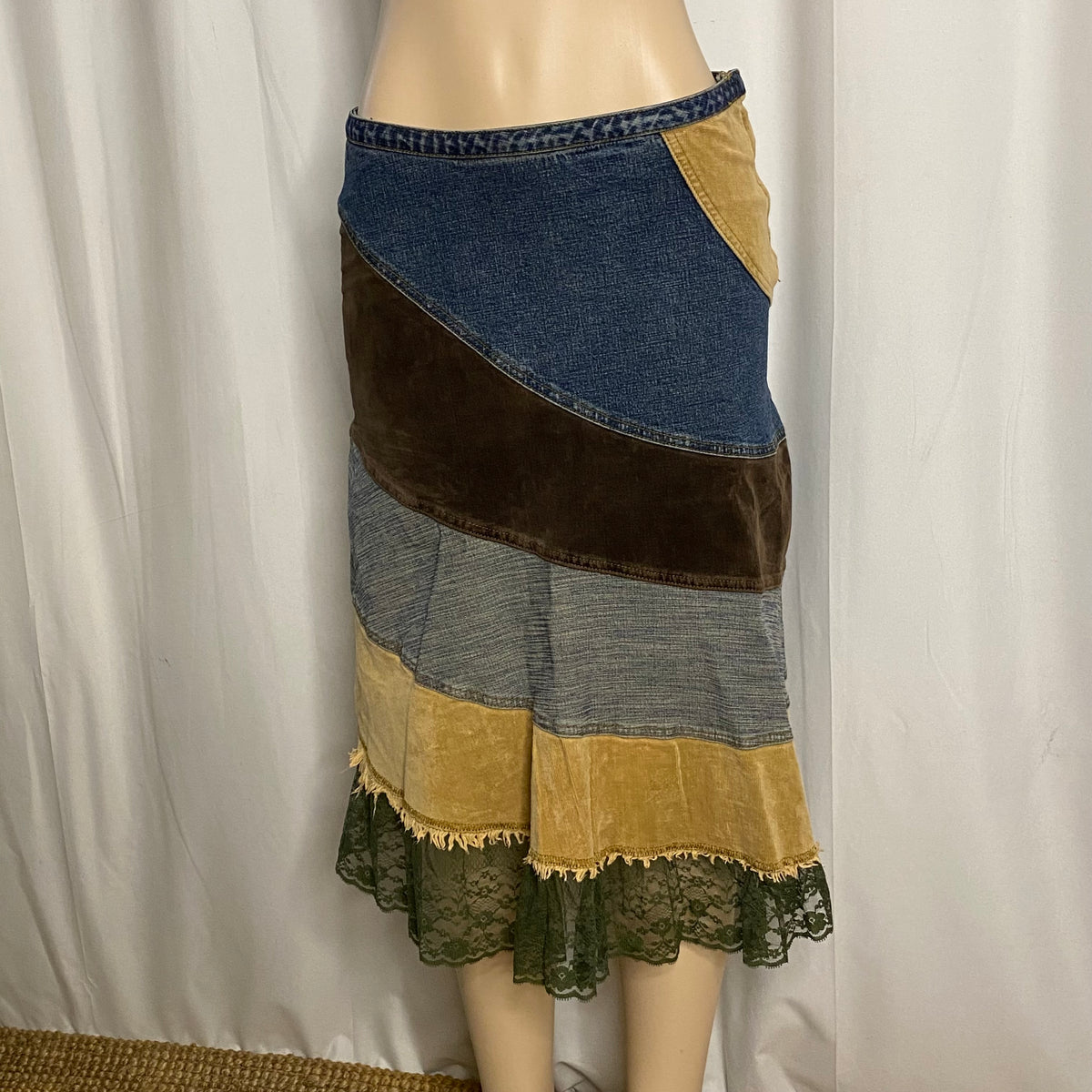 Vintage Y2K Denim & Corduroy Patchwork Midi Skirt | Olive Lace Hem Mixed Media Flounce Skirt  SizeM