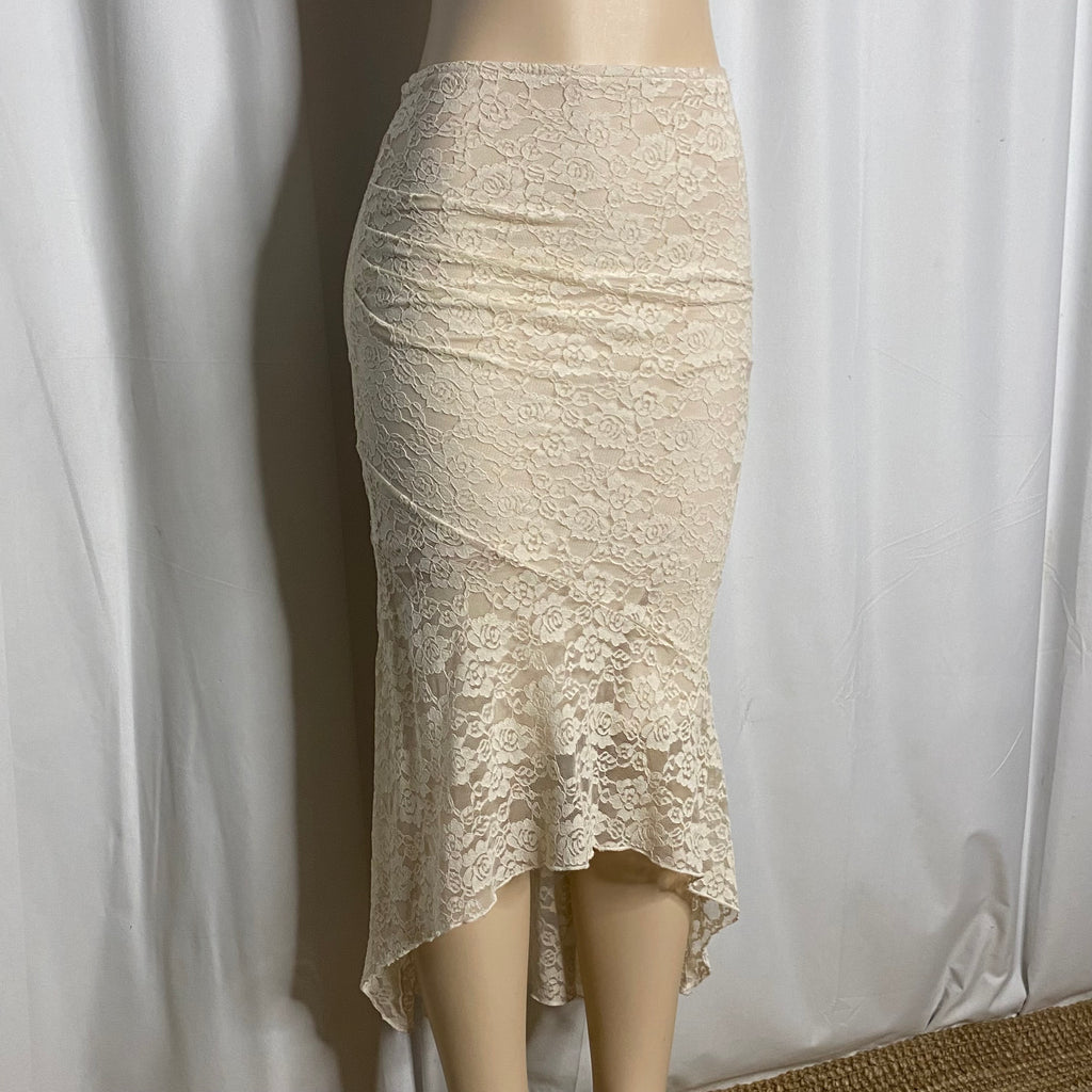 Vintage Cream Floral Lace Asymmetric Midi Skirt Size S