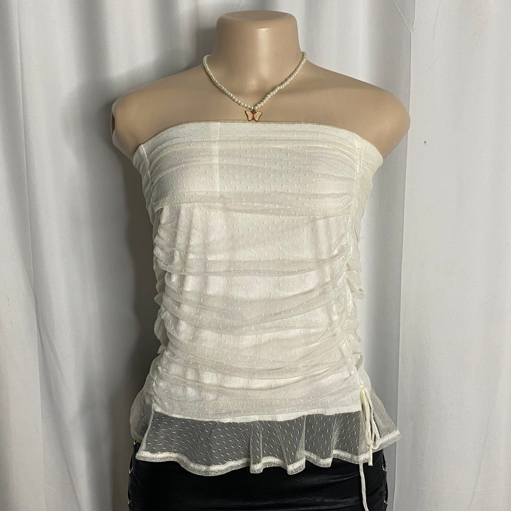 White Ruched Mesh Tube Top   Size S