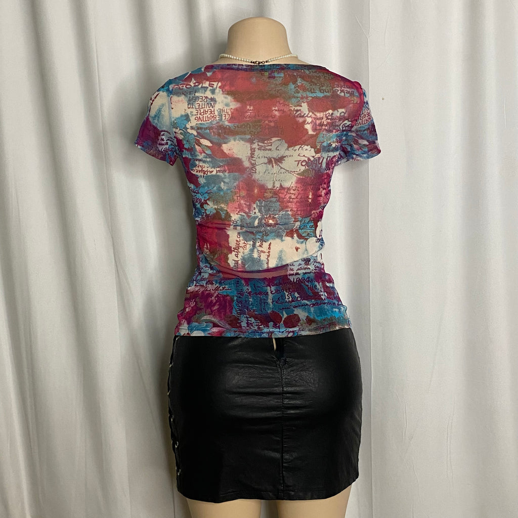 Vintage Graphic Text and Floral Print Mesh Baby Tee  Size S