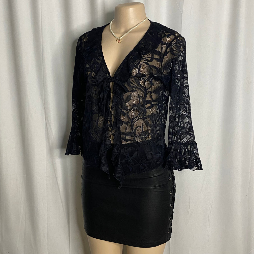 Ruffle-Trimmed Sheer Floral Lace Tie-Front Cardigan  Size S/M