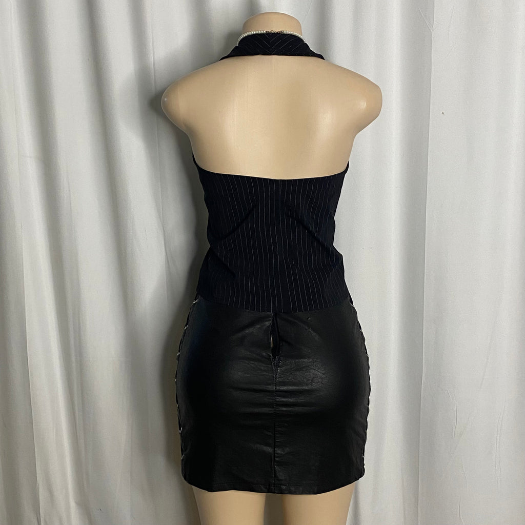Y2K Navy Pinstripe Zip-Up Halter Top  Size XL
