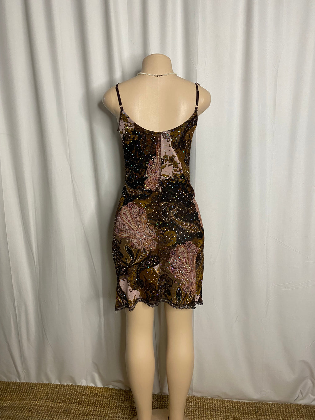 Y2K Earthy Paisley Sequined Asymmetrical Mini Dress  Size S