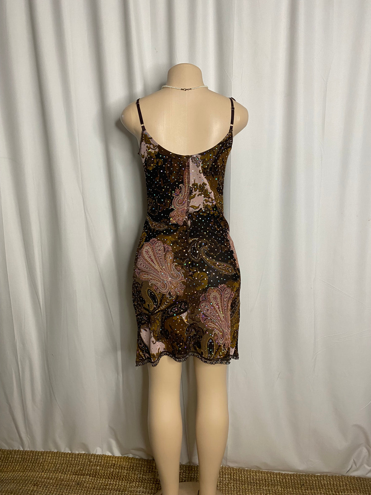 Y2K Earthy Paisley Sequined Asymmetrical Mini Dress  Size S