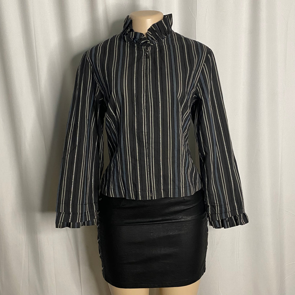 Vintage-Inspired Striped Zip-Front Blouse with Ruffled Cuffs  Size XL