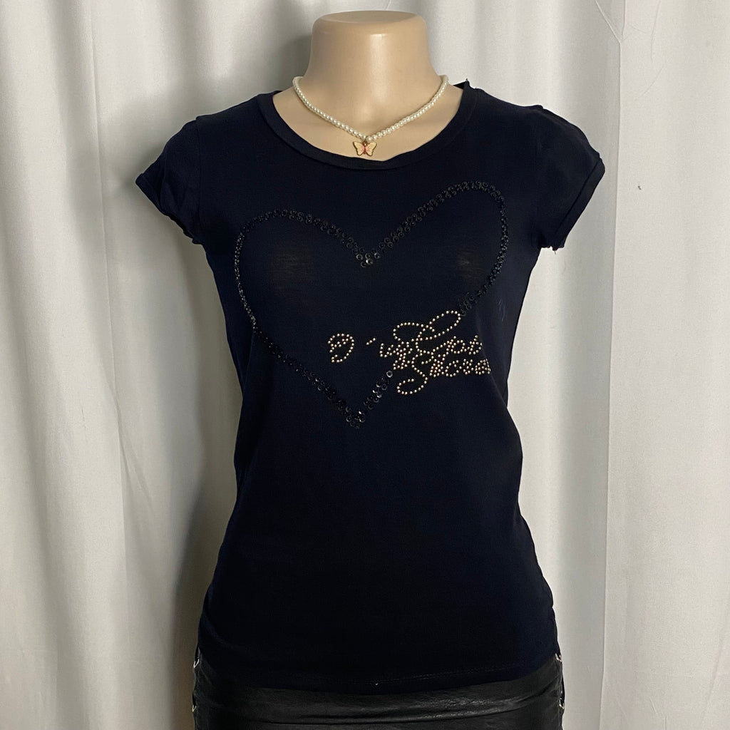 Embellished Rhinestone Heart Graphic Baby Tee  Size S