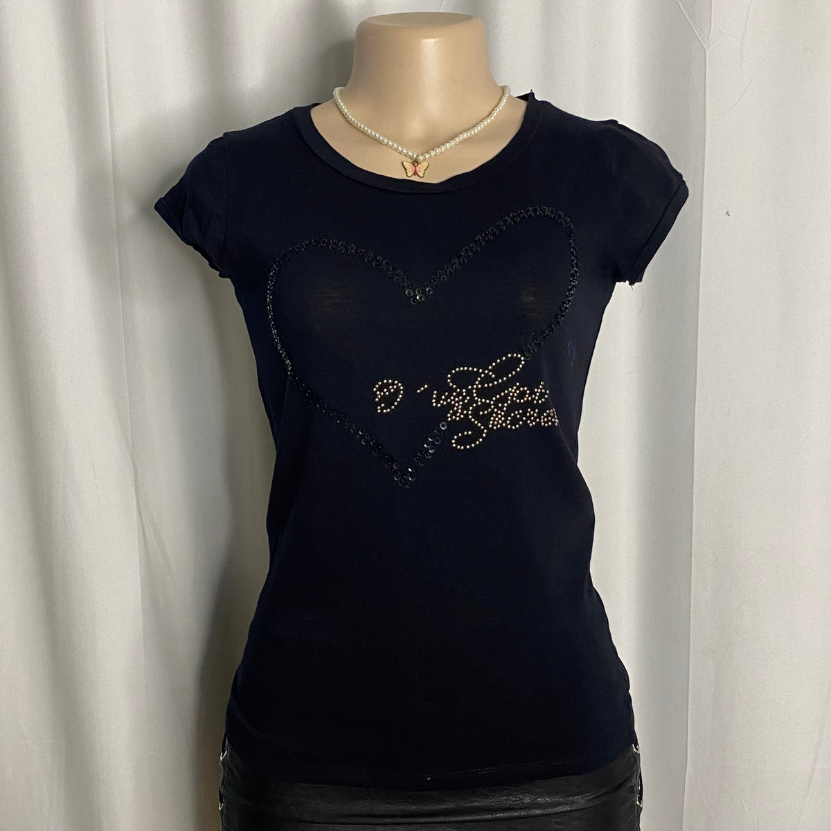 Embellished Rhinestone Heart Graphic Baby Tee  Size S