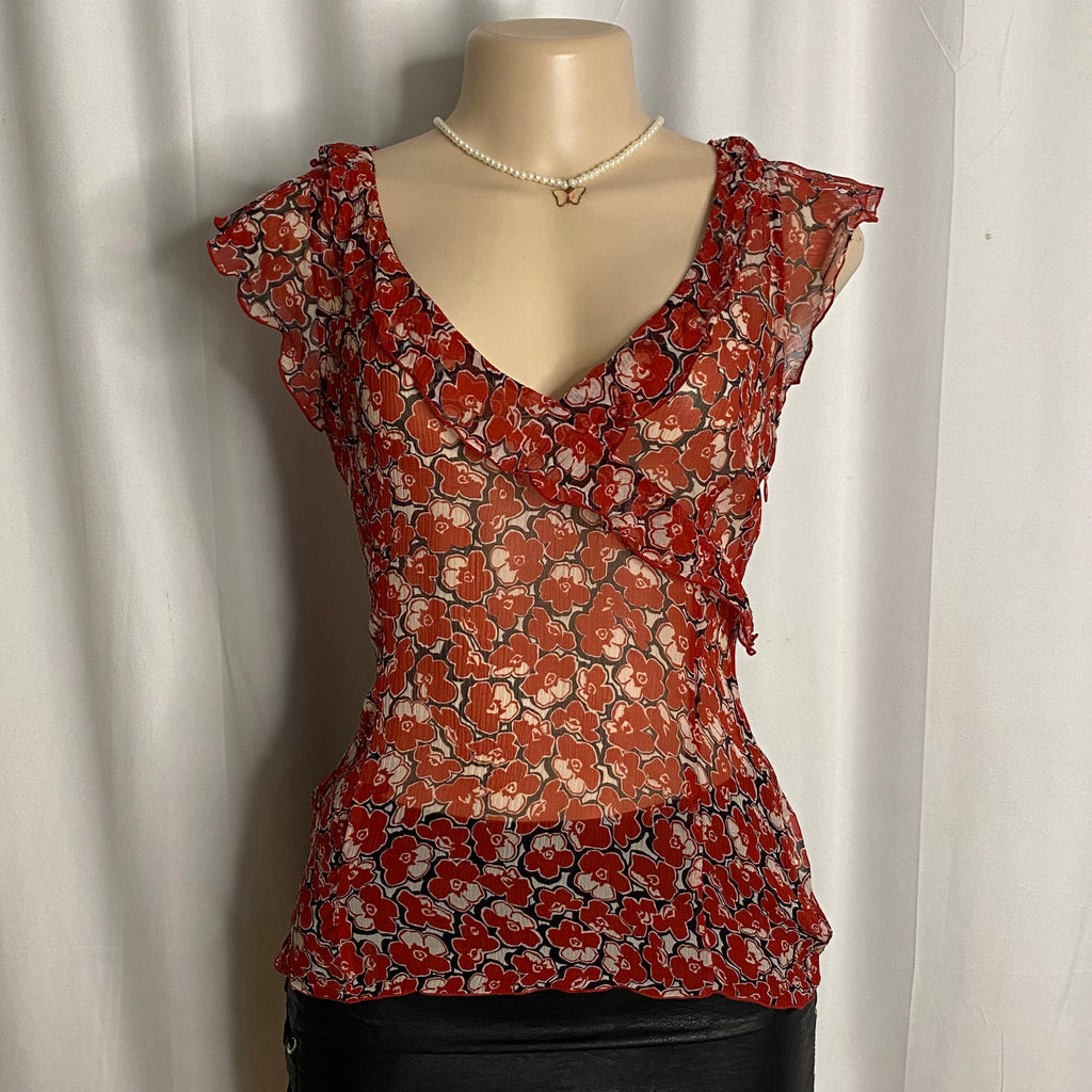 Vintage Red Floral Chiffon Ruffle Wrap Top Size M