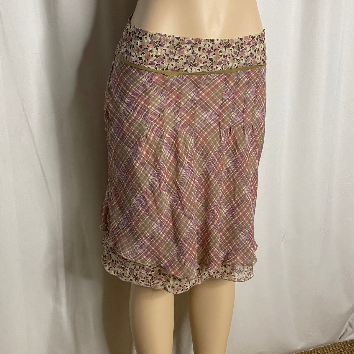 Vintage Y2K Mixed Plaid & Floral Print Midi Skirt  Size M