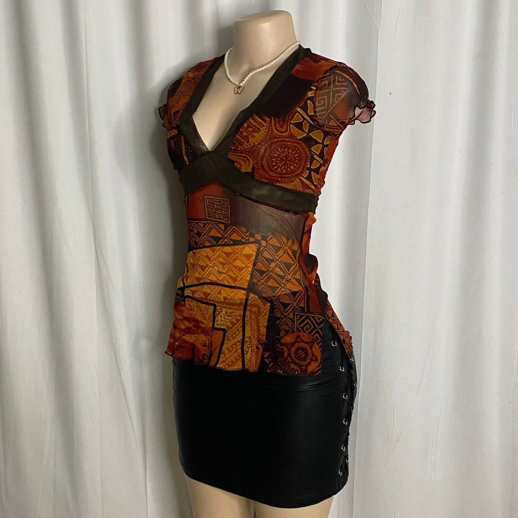 Vintage Earth-Tone Geometric Mesh Empire Waist Top Size XS/S