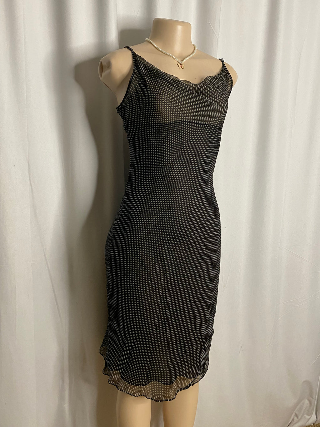 Y2K Black and White Polka Dot Cowl Neck Mesh Slip Dress  Size M