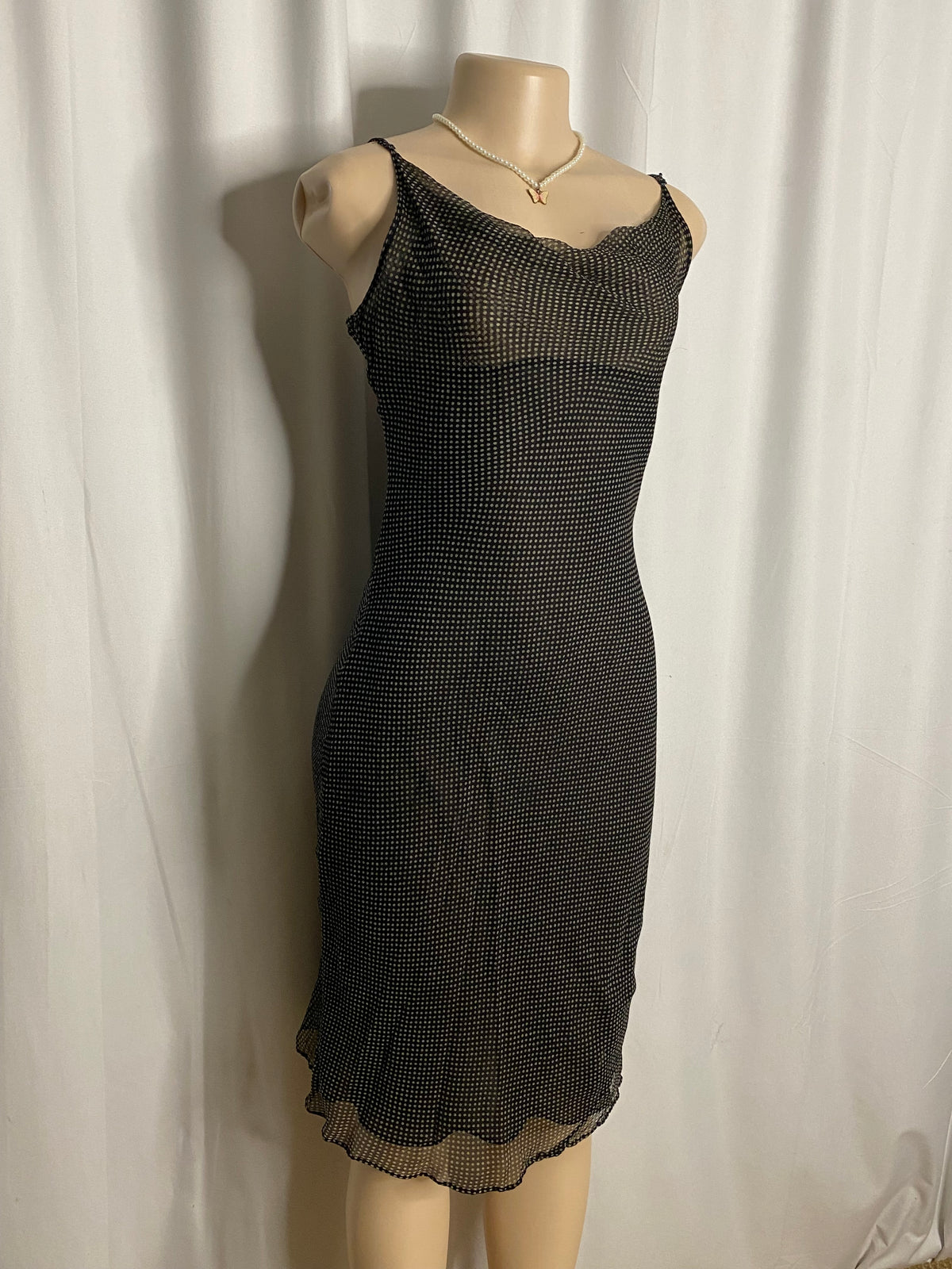 Y2K Black and White Polka Dot Cowl Neck Mesh Slip Dress  Size M