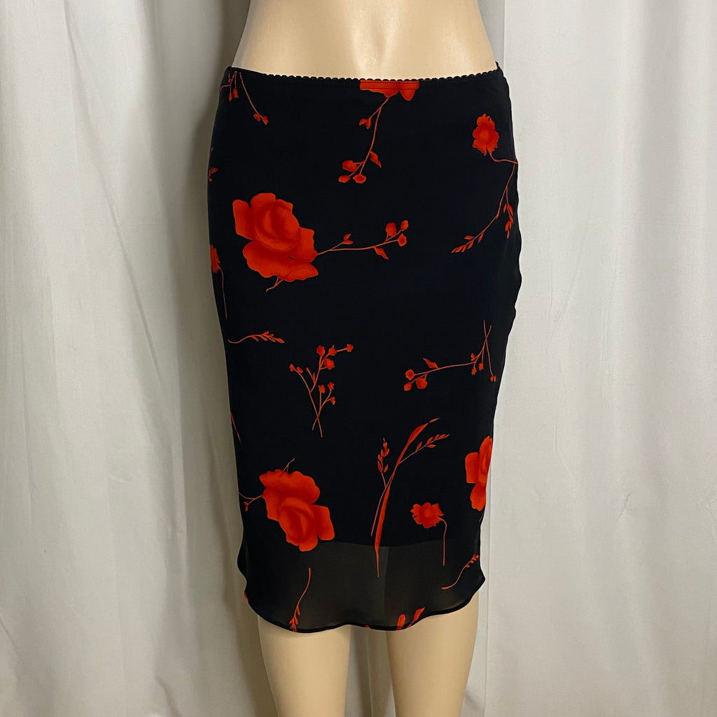 Vintage Y2K Black & Red Floral Mesh Overlay Midi Skirt | Sheer Hem Rose Print Pencil Skirt  Size M
