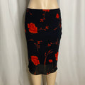 Vintage Y2K Black & Red Floral Mesh Overlay Midi Skirt | Sheer Hem Rose Print Pencil Skirt  Size M