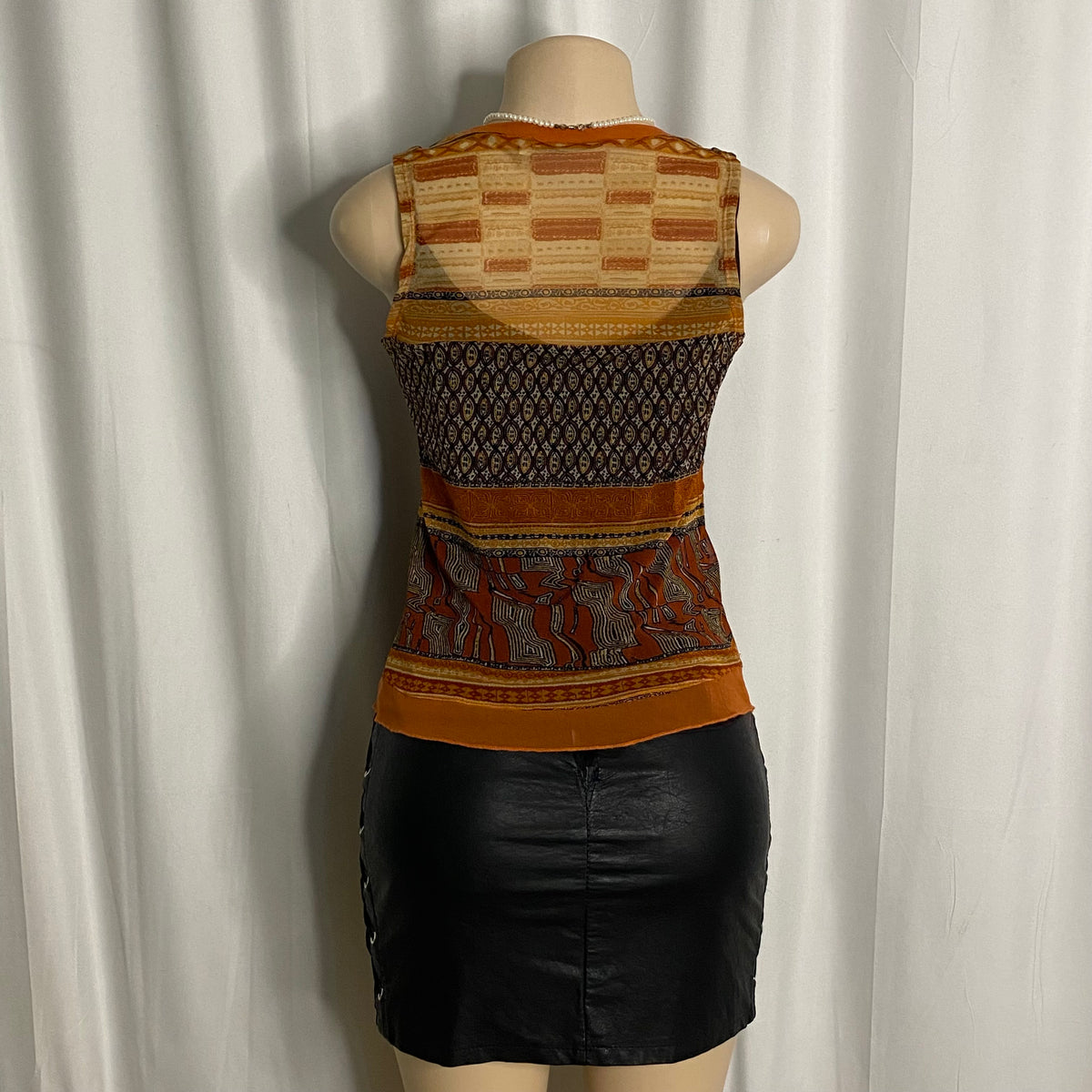 Vintage Earth-Tone Geometric Patchwork Mesh Tank  Size M