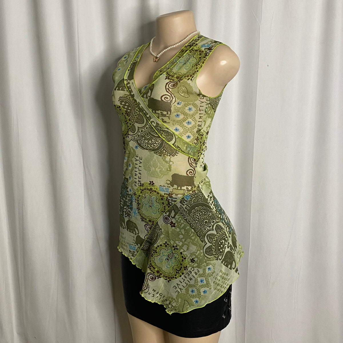 Vintage Graphic Elephant Mesh Asymmetrical Top  Size S