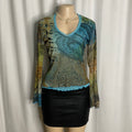 Abstract Paisley Mesh Bell-Sleeve V-Neck Top Size L