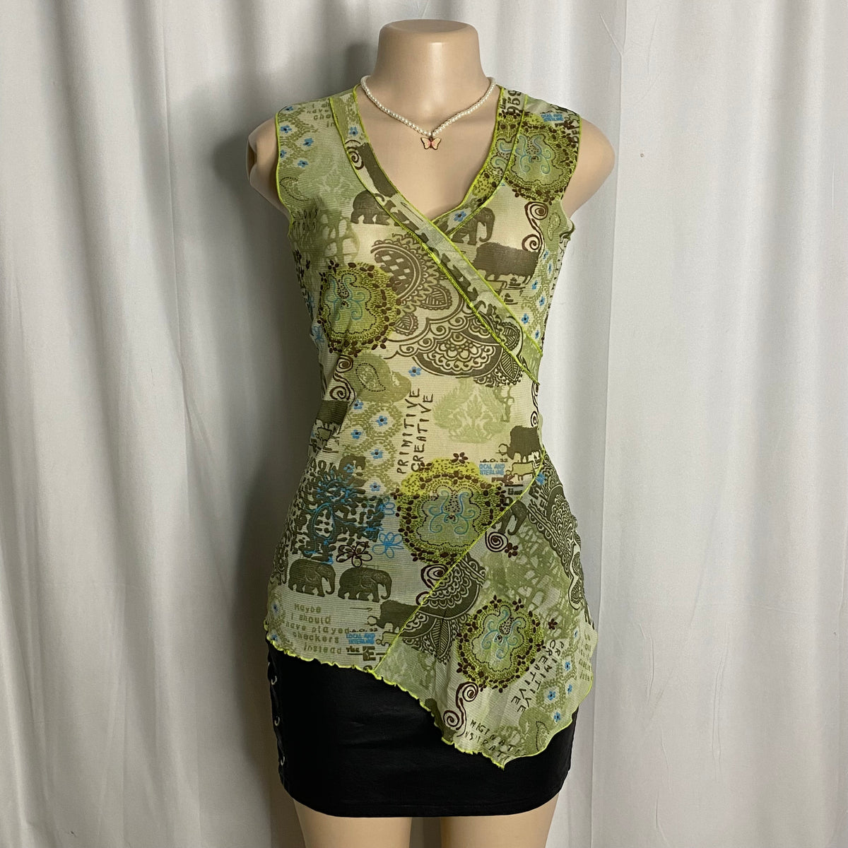 Vintage Graphic Elephant Mesh Asymmetrical Top  Size S