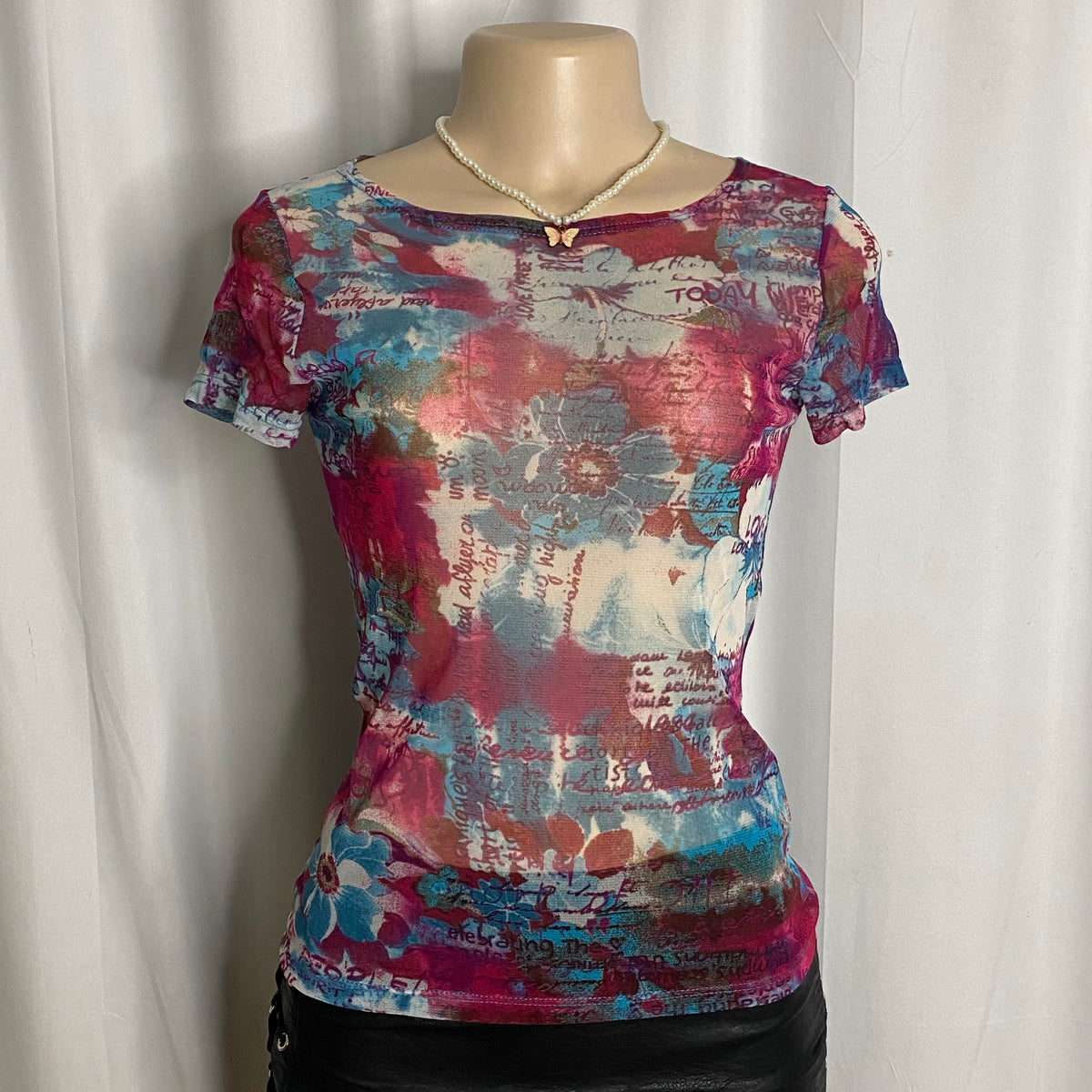 Vintage Graphic Text and Floral Print Mesh Baby Tee  Size S