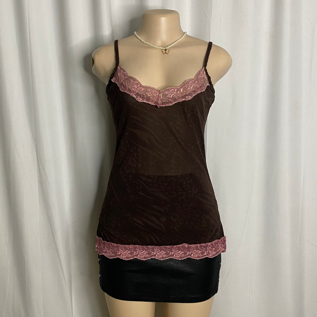 Vintage Y2K Chocolate & Pink Lace Cami Size L