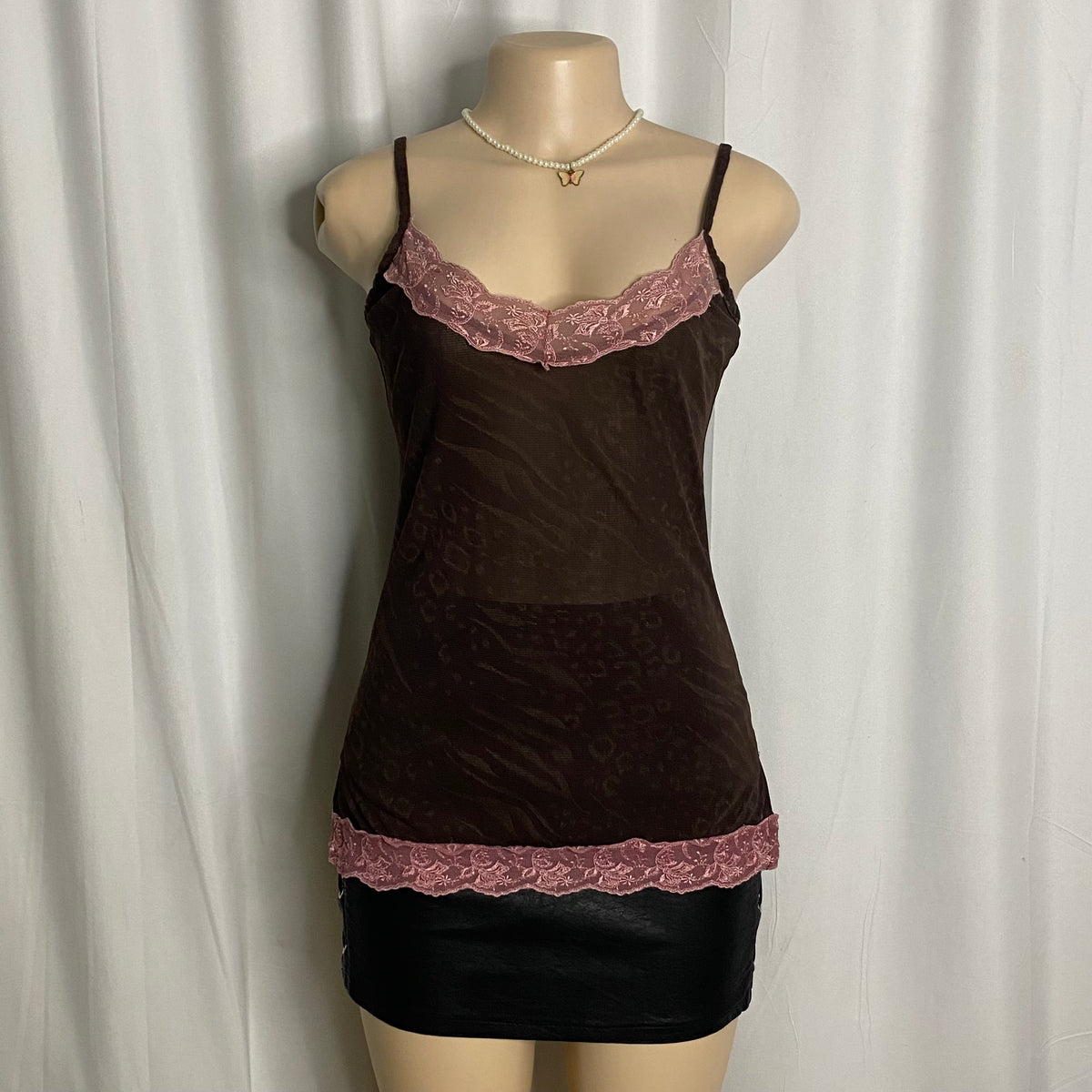 Vintage Y2K Chocolate & Pink Lace Cami Size L
