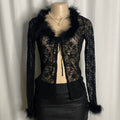 Faux Fur-Trimmed Sheer Floral Lace Cardigan  Size S