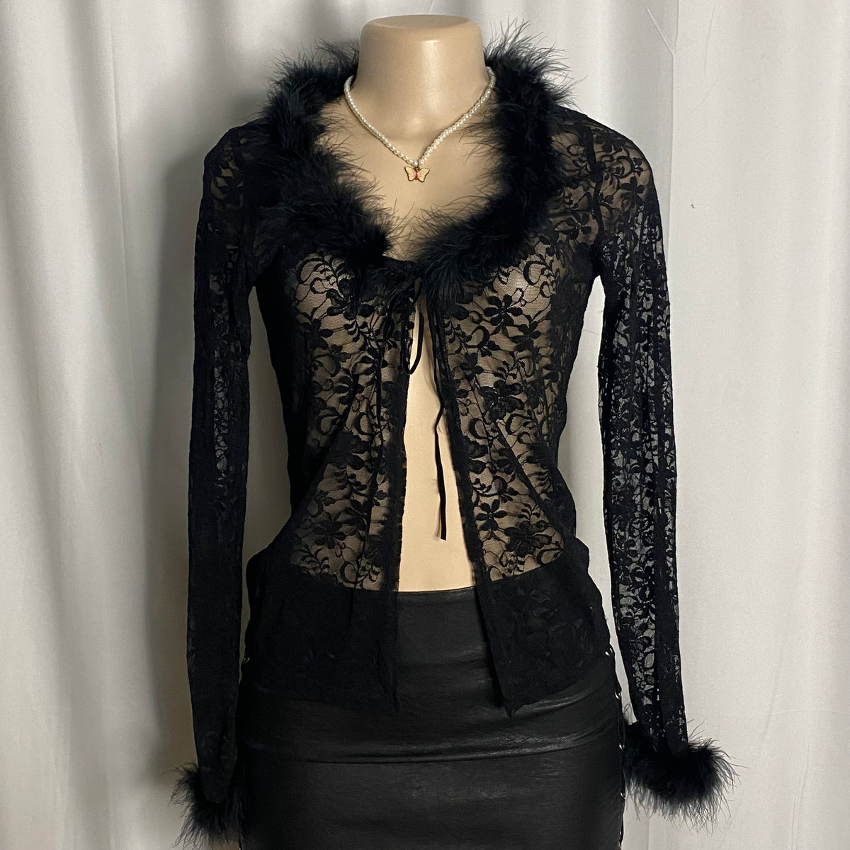 Faux Fur-Trimmed Sheer Floral Lace Cardigan  Size S
