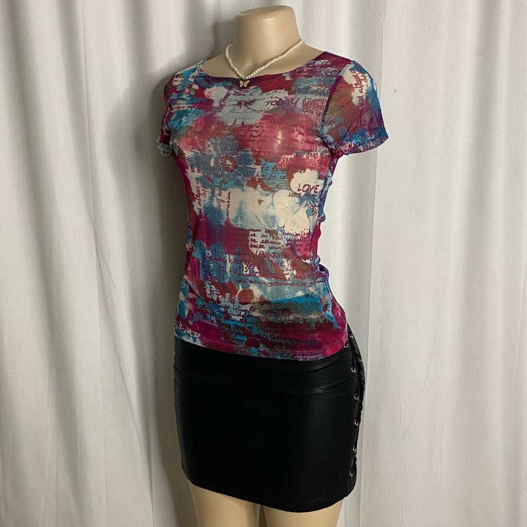 Vintage Graphic Text and Floral Print Mesh Baby Tee  Size S