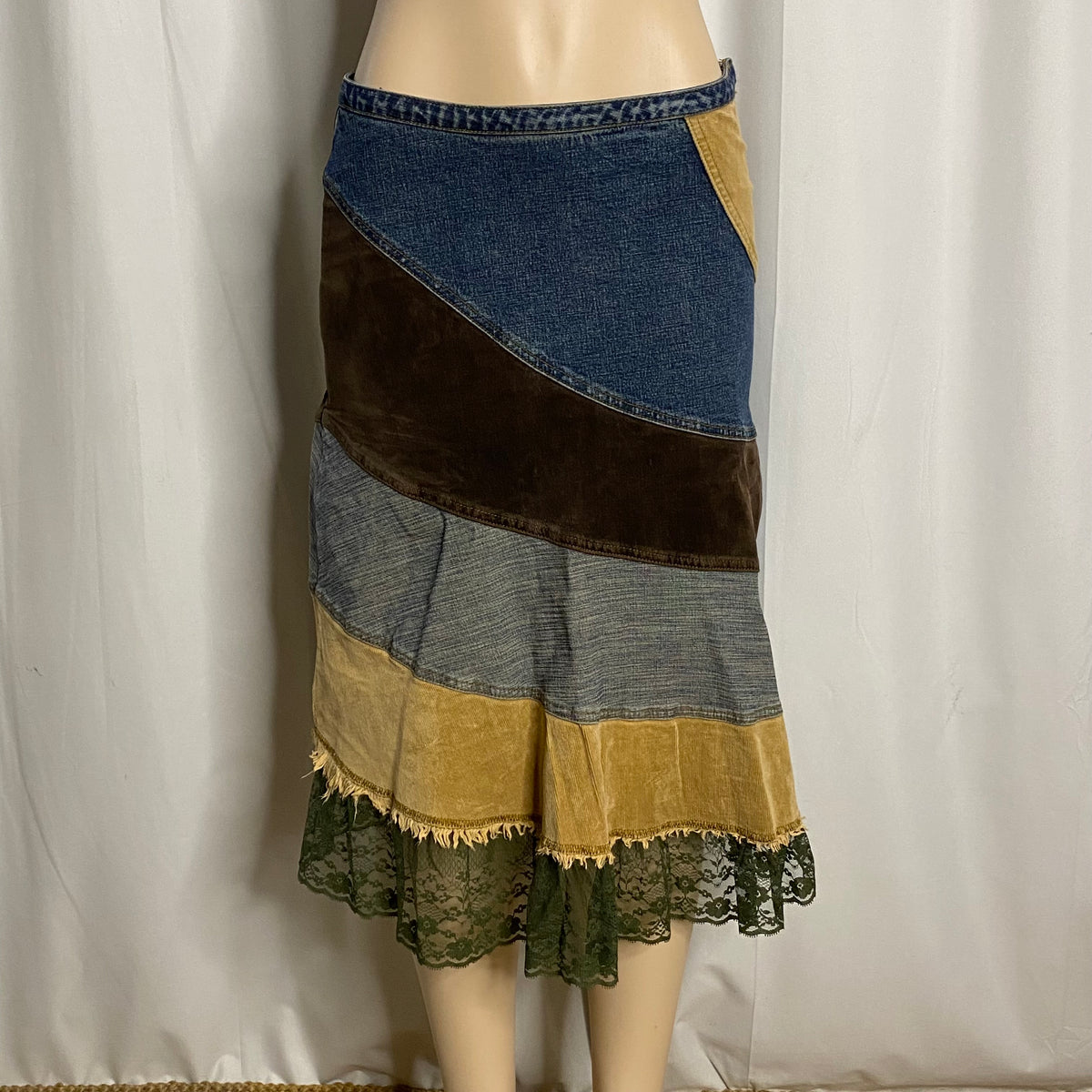Vintage Y2K Denim & Corduroy Patchwork Midi Skirt | Olive Lace Hem Mixed Media Flounce Skirt  SizeM