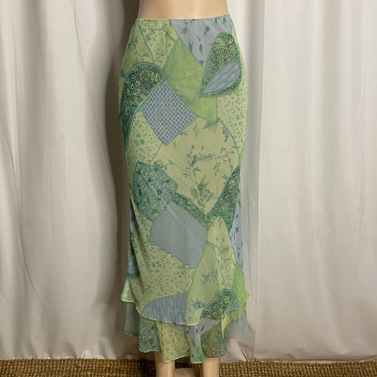 Vintage Y2K Green Patchwork Paisley Mesh Maxi Skirt | Cottagecore Layered Flounce Hem Skirt  Size S