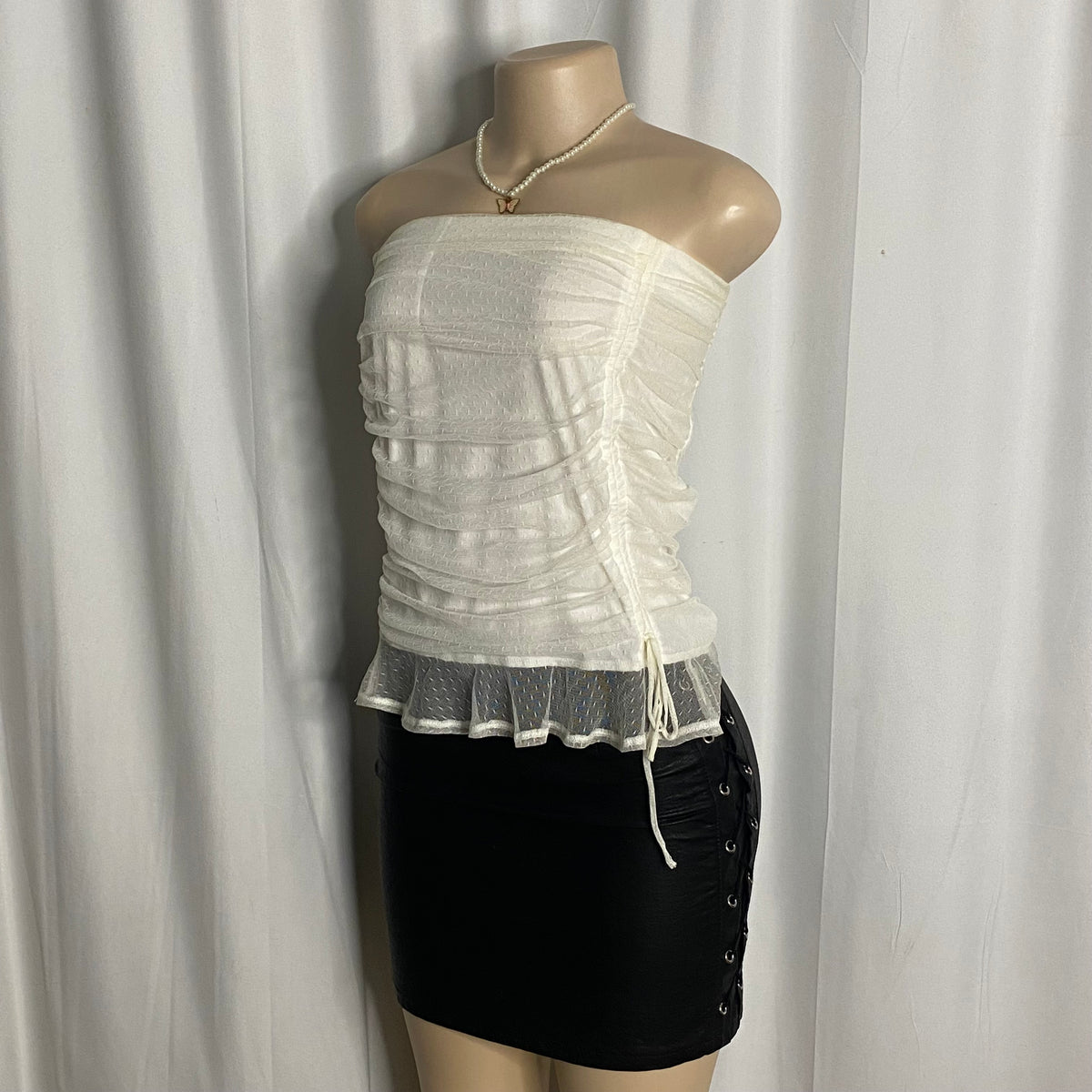 White Ruched Mesh Tube Top   Size S