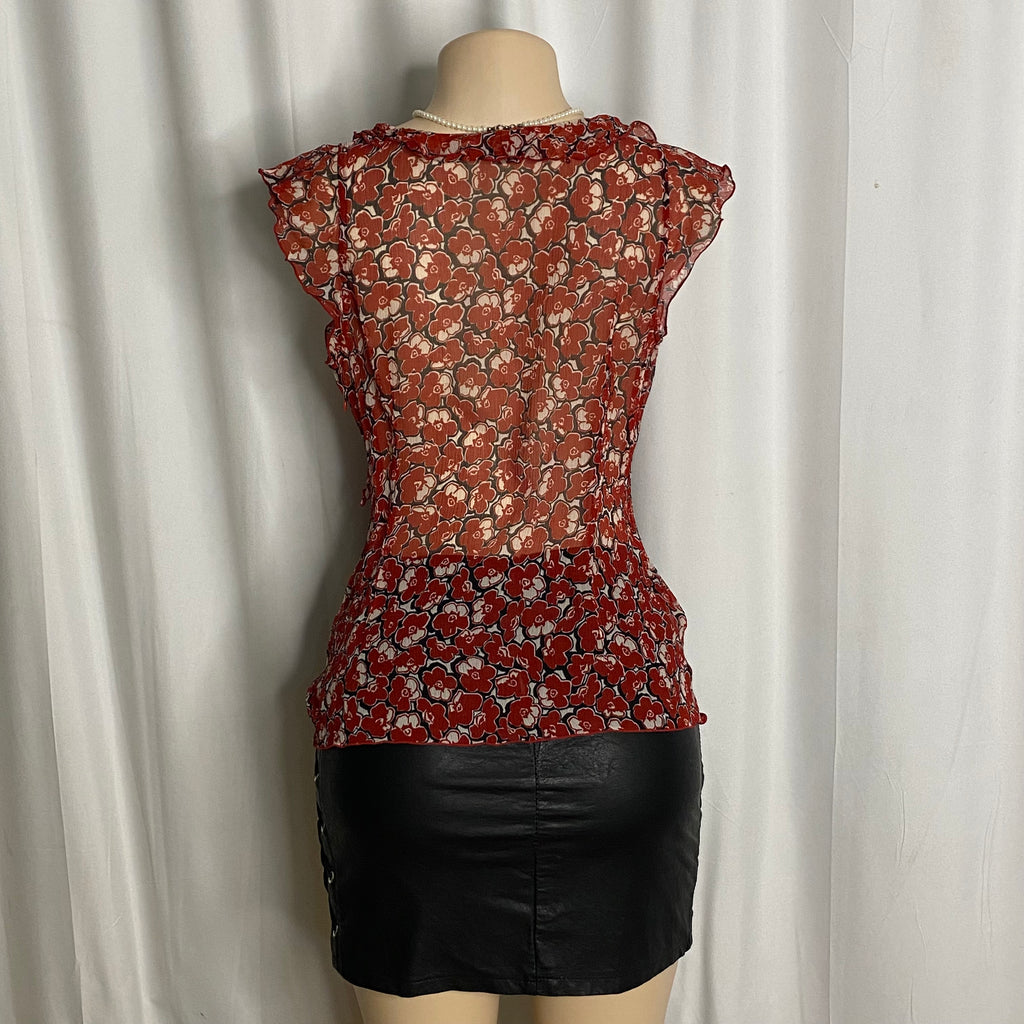 Vintage Red Floral Chiffon Ruffle Wrap Top Size M