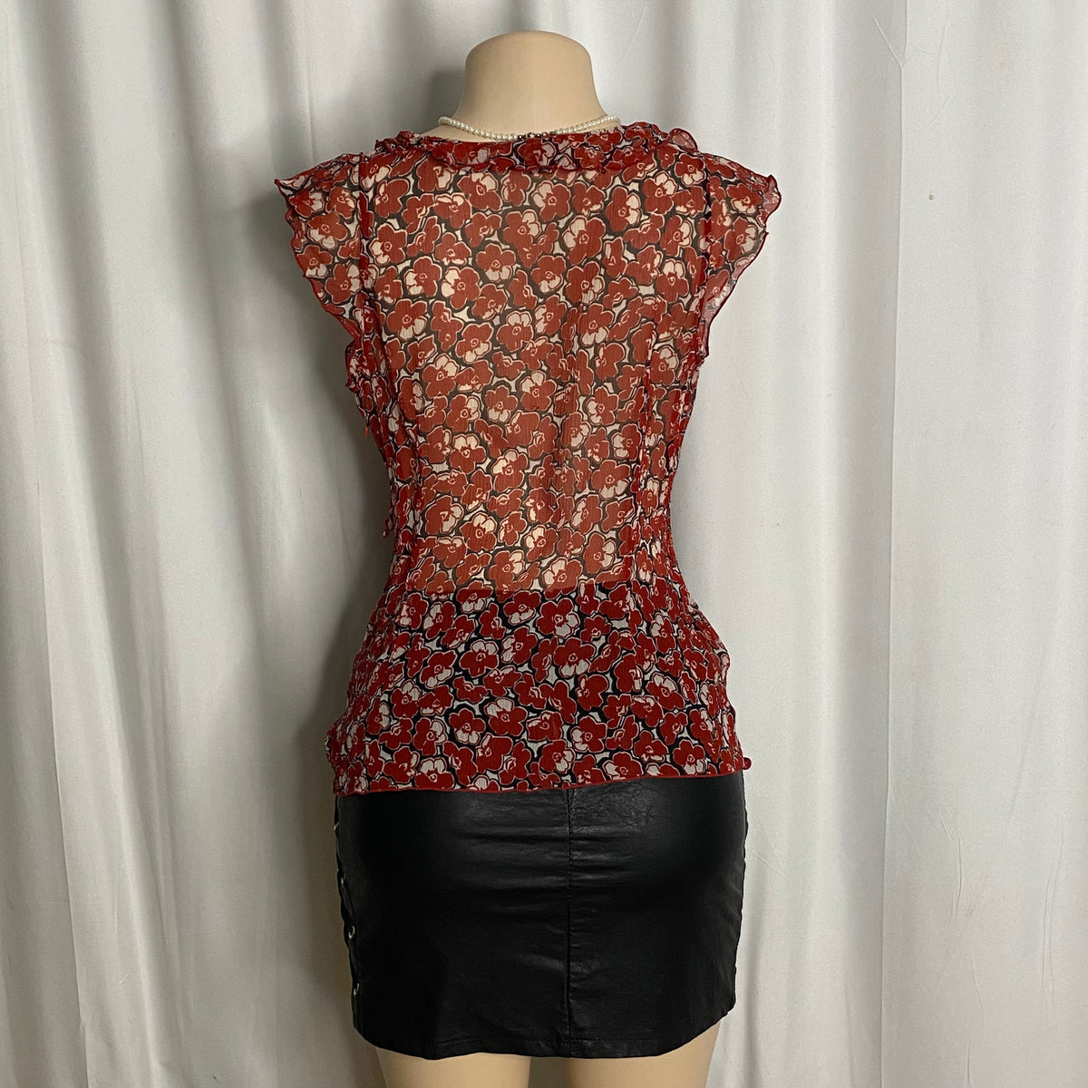 Vintage Red Floral Chiffon Ruffle Wrap Top Size M