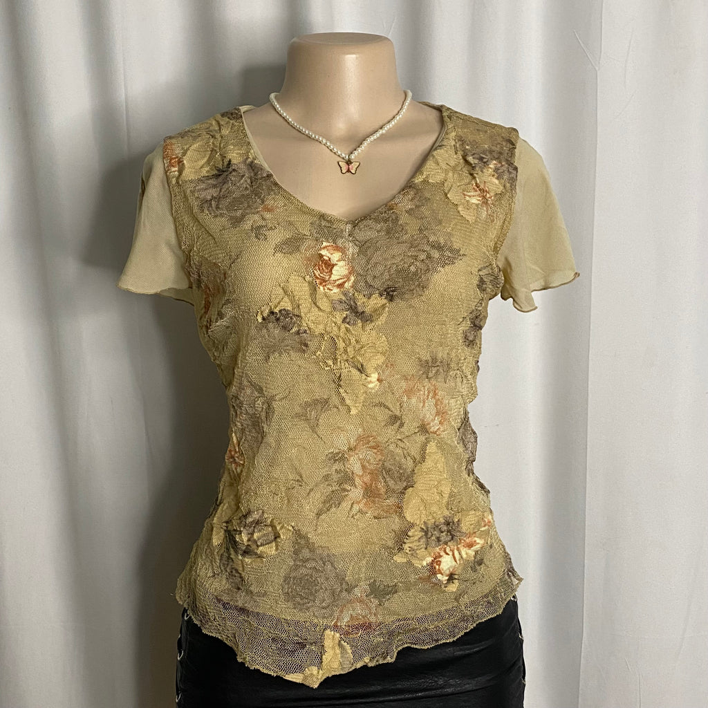 Vintage Distressed Textured Floral Mesh Blouse Size M
