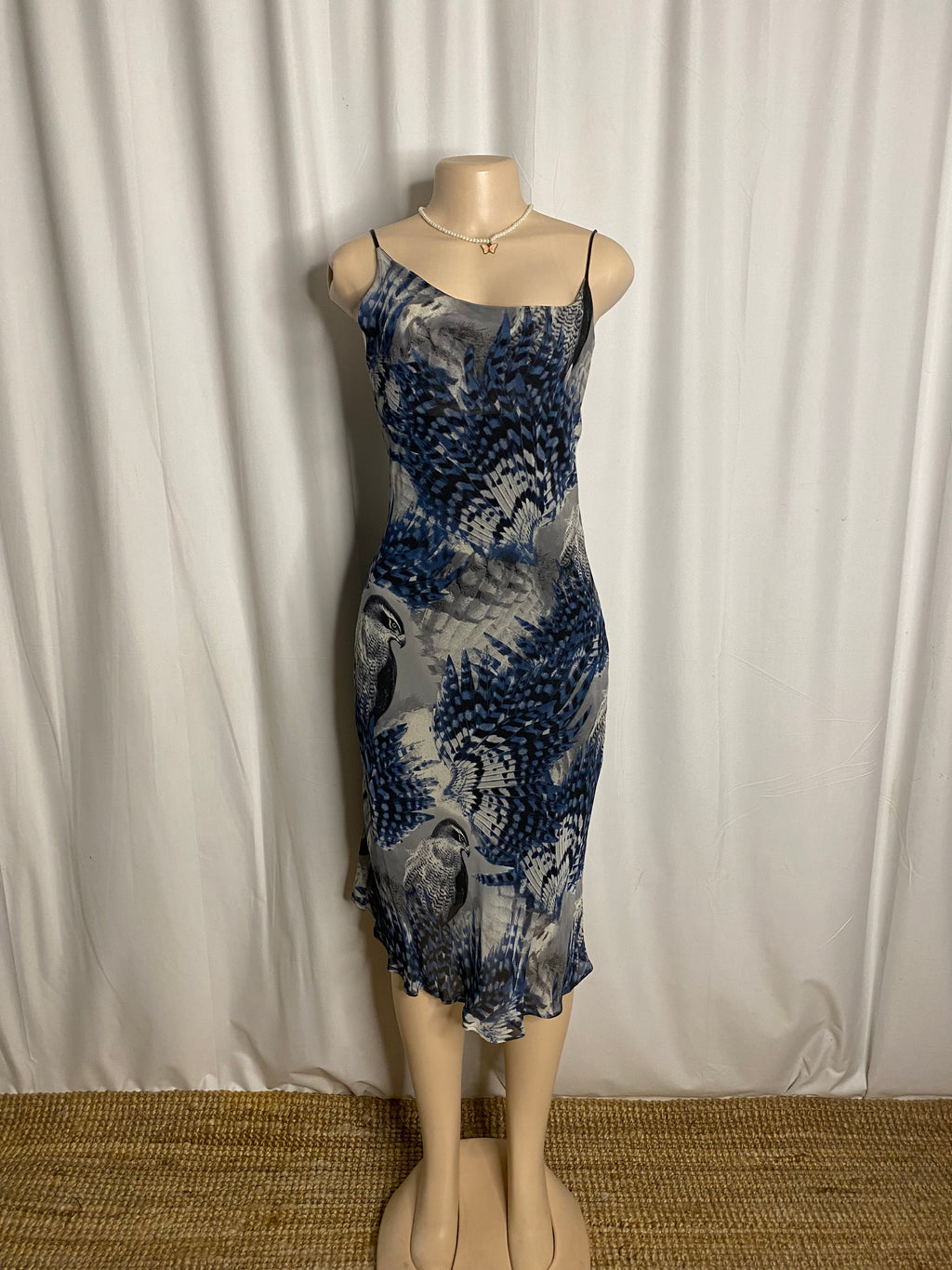 Y2K Blue Bird & Feather Graphic Mesh Slip Dress Size S