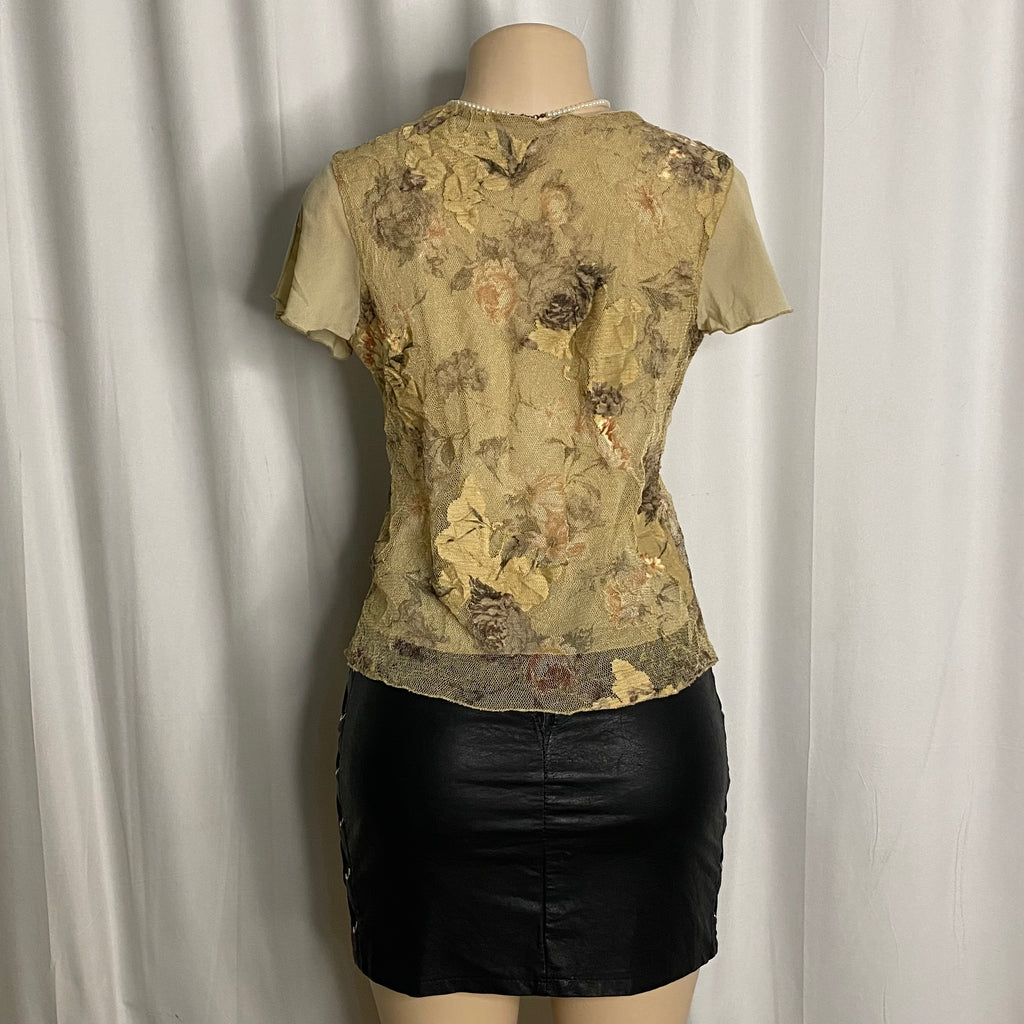 Vintage Distressed Textured Floral Mesh Blouse Size M
