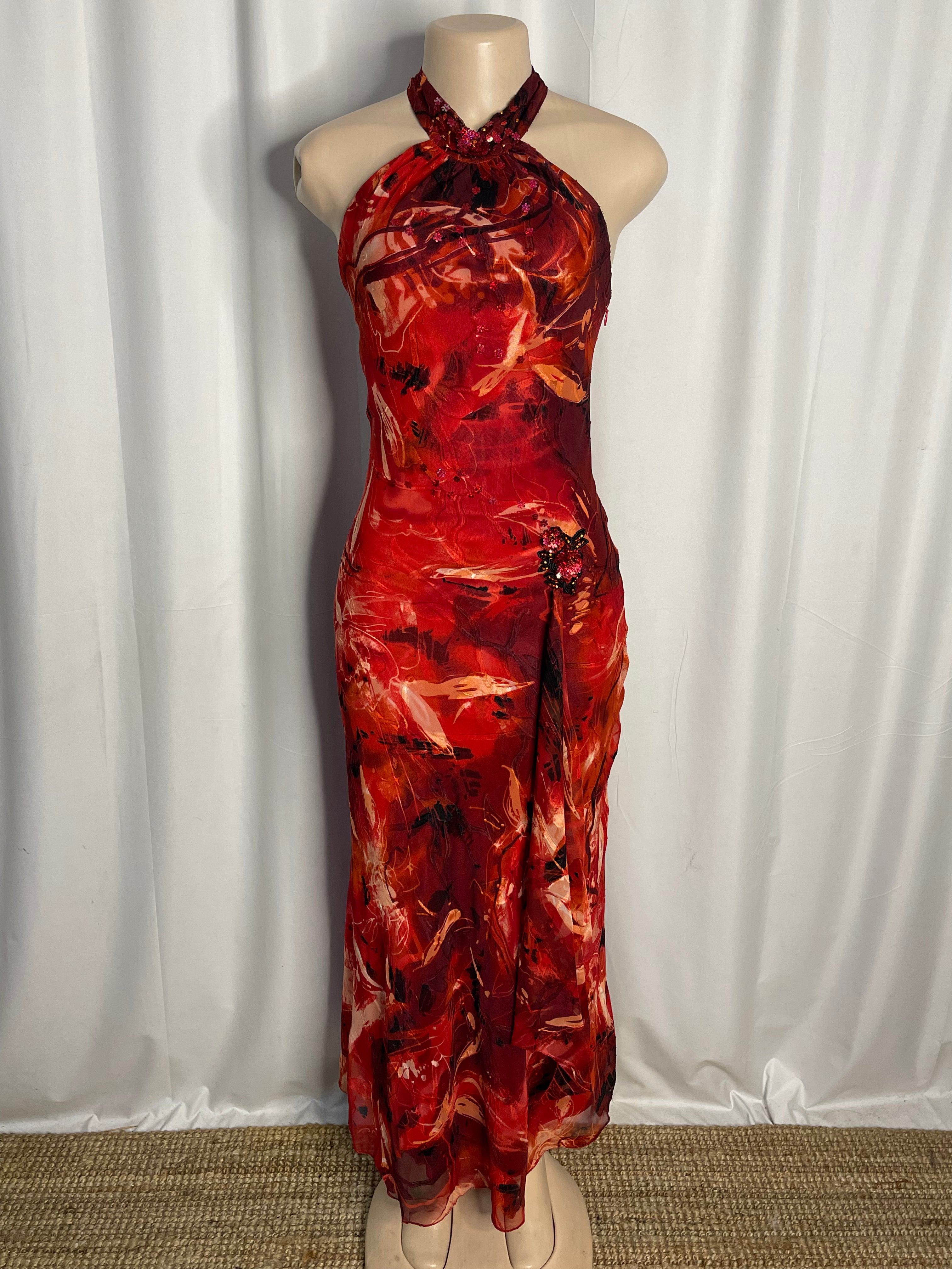 Vintage 90's Red & Orange Halter Neck Dress