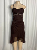 Vintage Brown Y2k Midi Dress With Beaded Empire Waist and Asymmetrical Hem