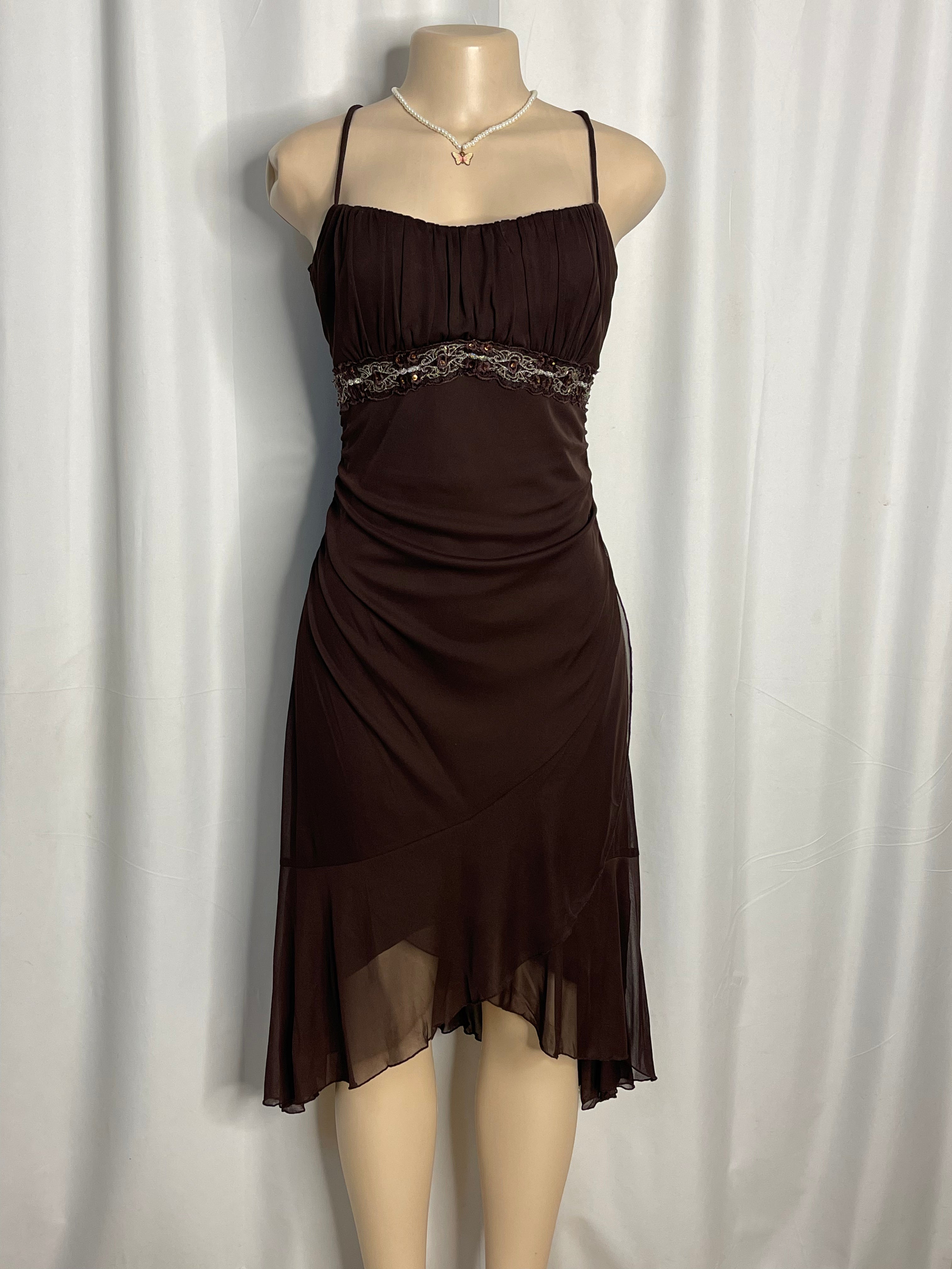 Vintage Brown Y2k Midi Dress With Beaded Empire Waist and Asymmetrical Hem
