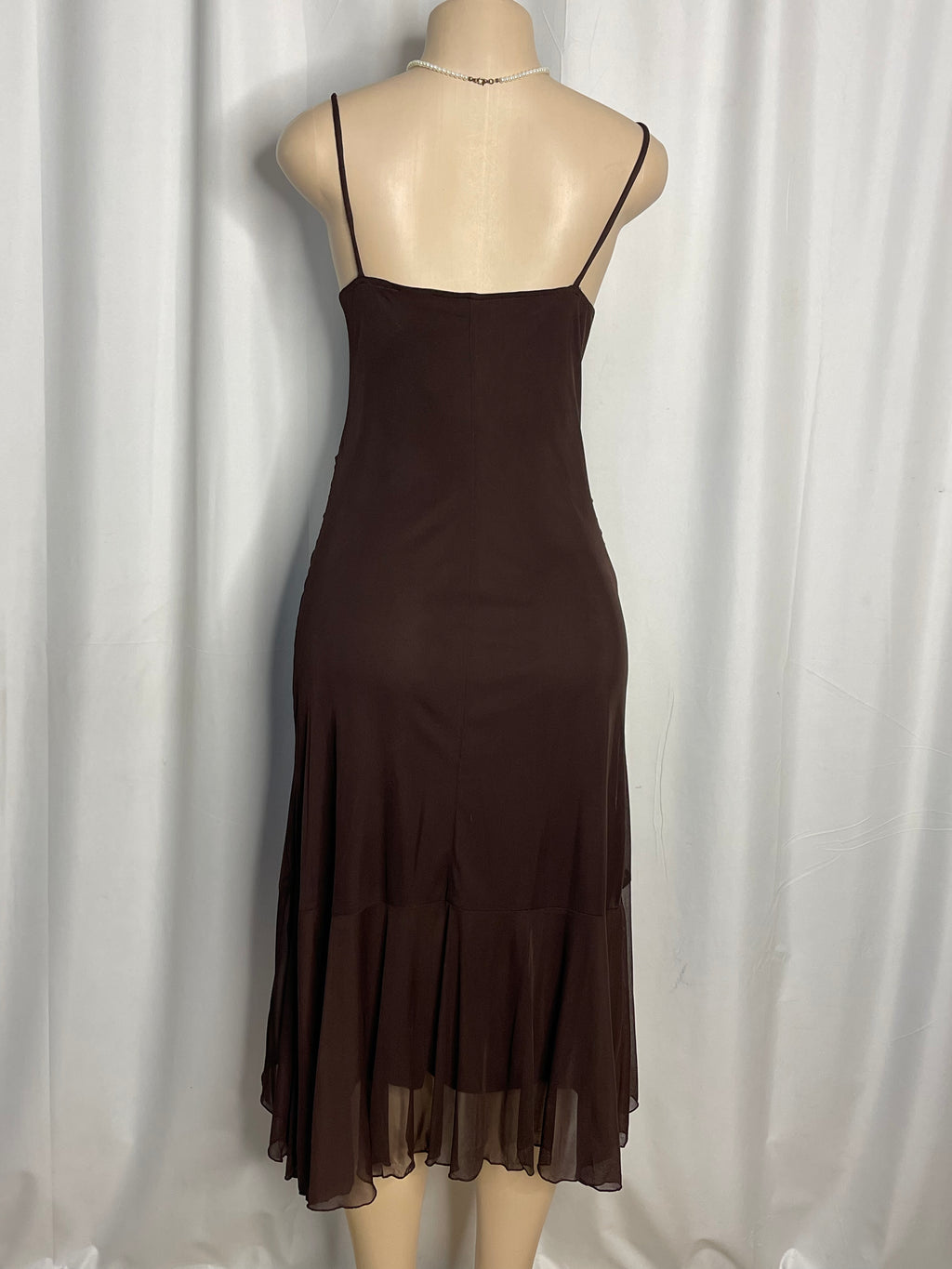 Vintage Brown Y2k Midi Dress With Beaded Empire Waist and Asymmetrical Hem