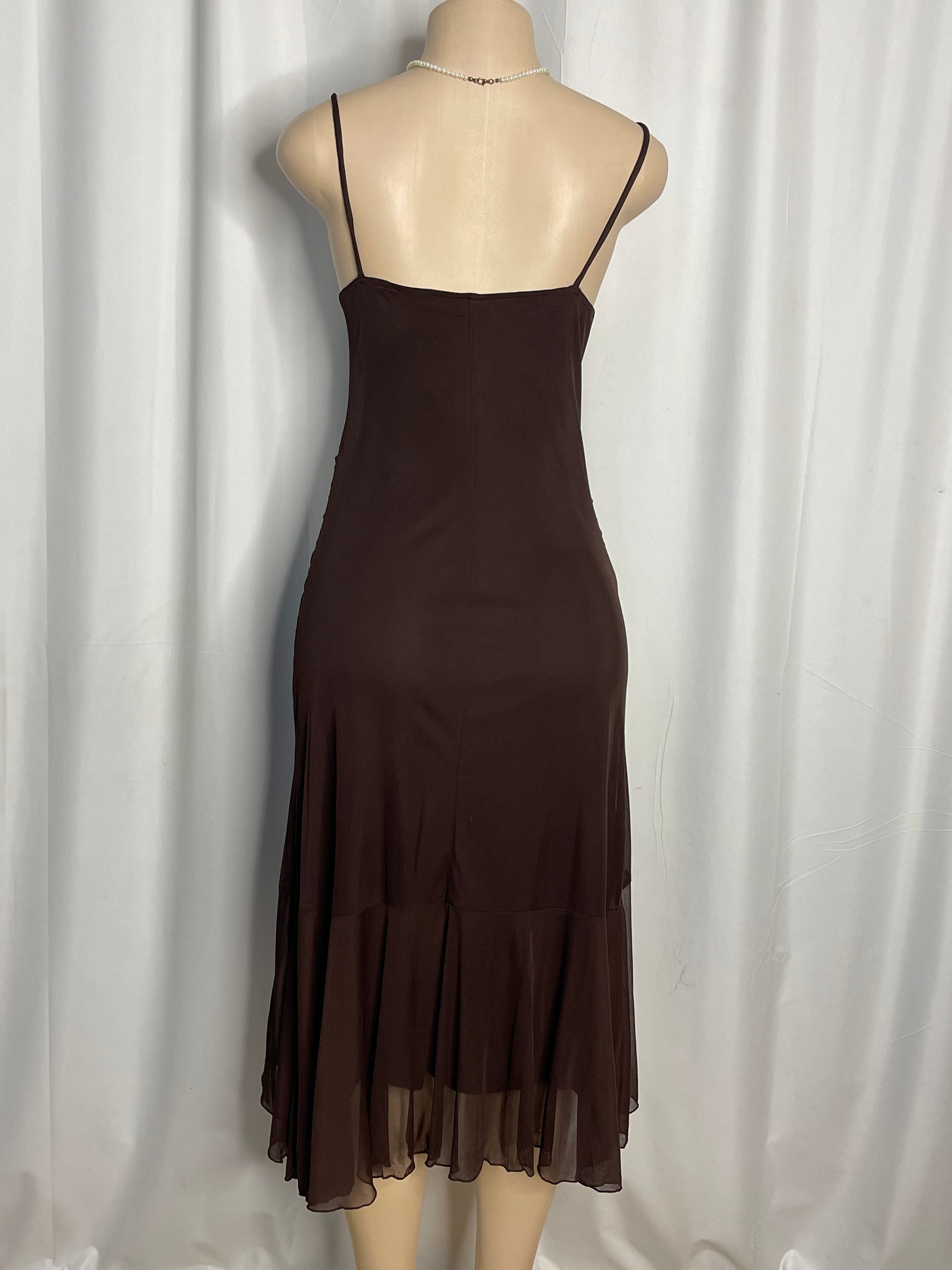Vintage Brown Y2k Midi Dress With Beaded Empire Waist and Asymmetrical Hem