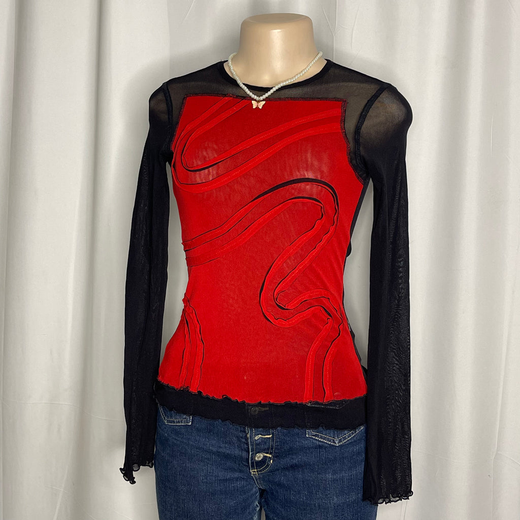 Red and Black Y2K Long-sleeve Mesh Top