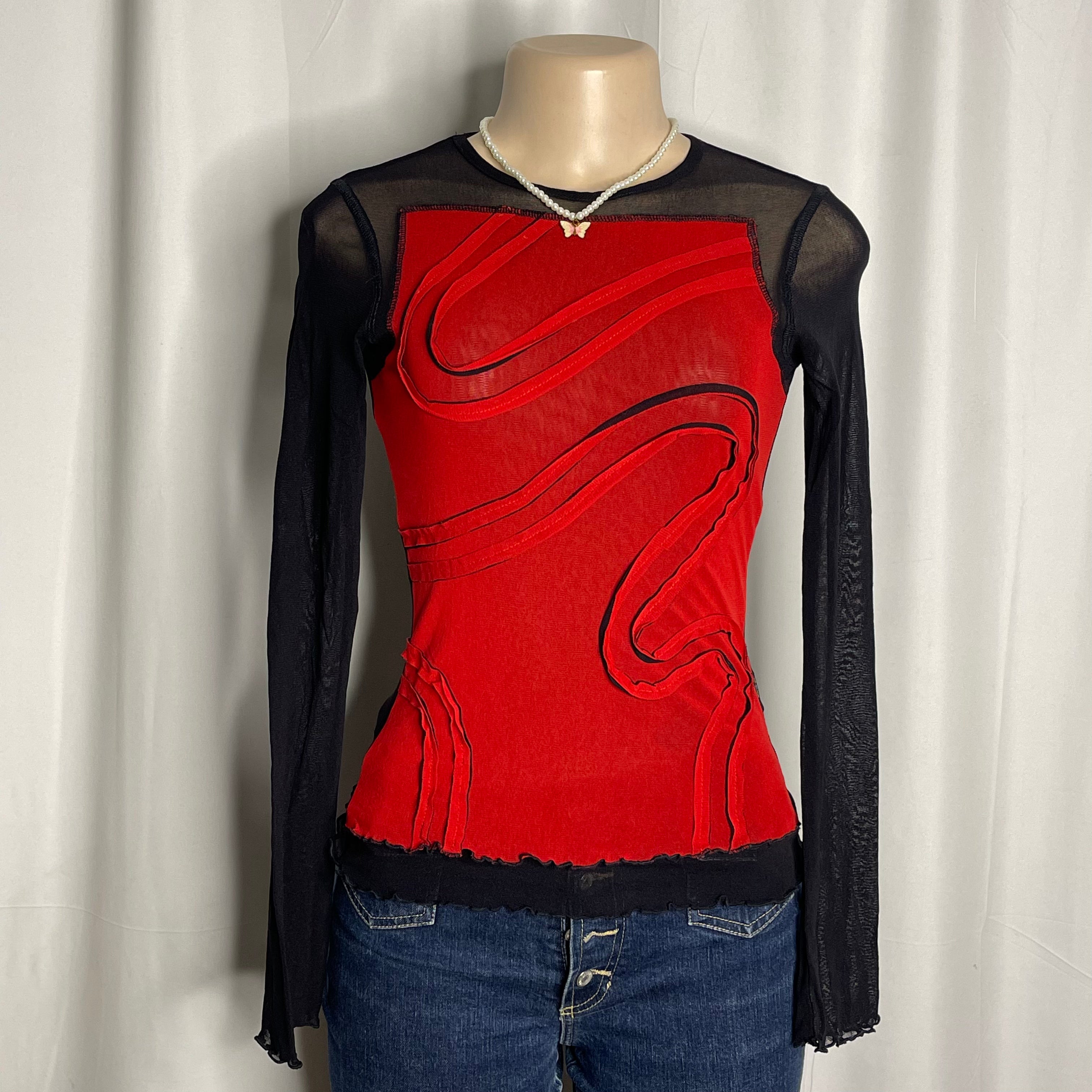 Red and Black Y2K Long-sleeve Mesh Top