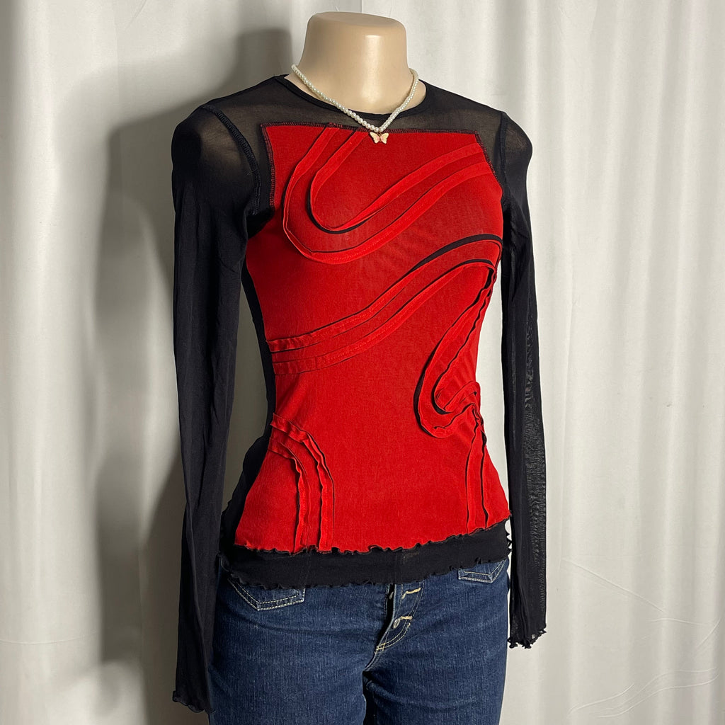 Red and Black Y2K Long-sleeve Mesh Top