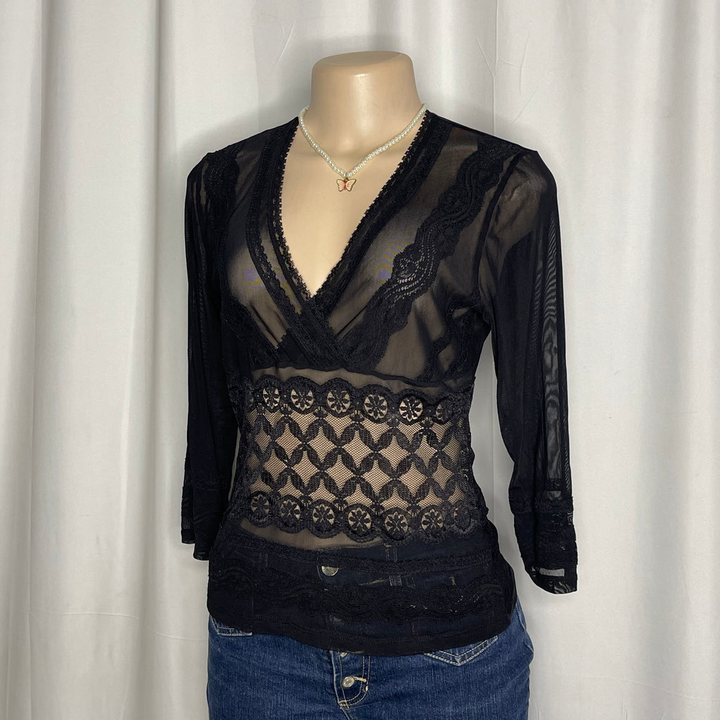 See Through Lace Quarter Sleeve Top