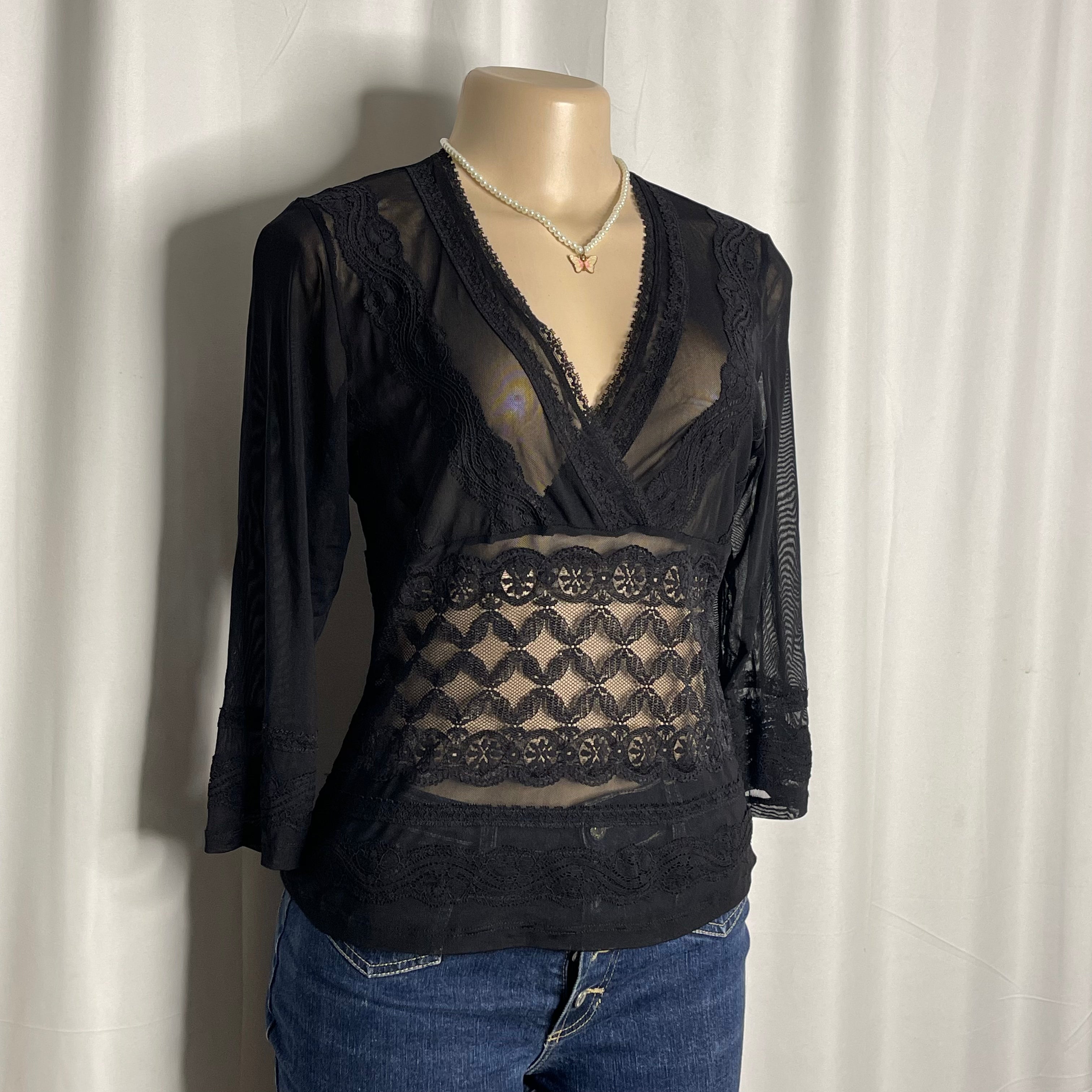 See Through Lace Quarter Sleeve Top