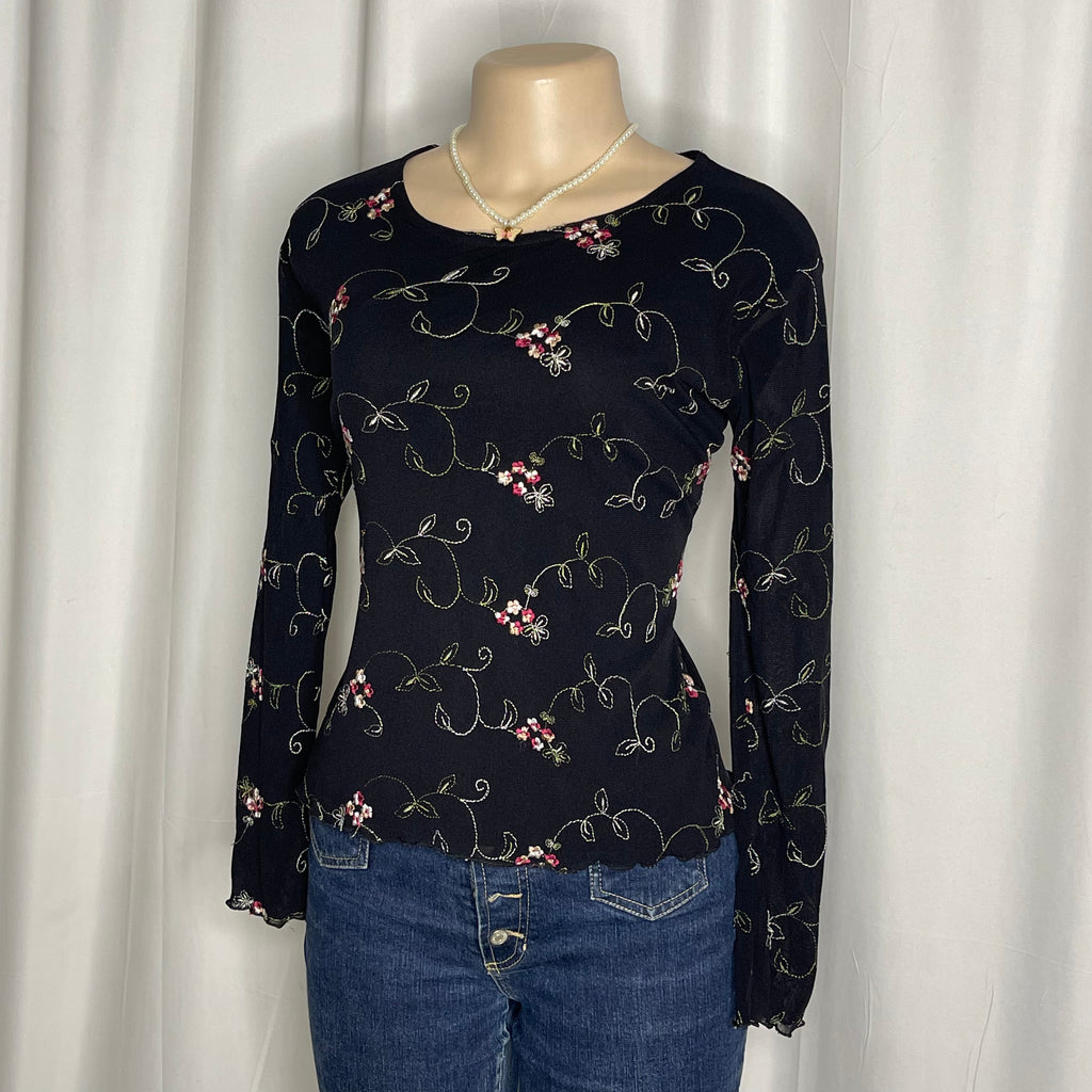 Floral Embroidered Mesh Long-sleeve Top