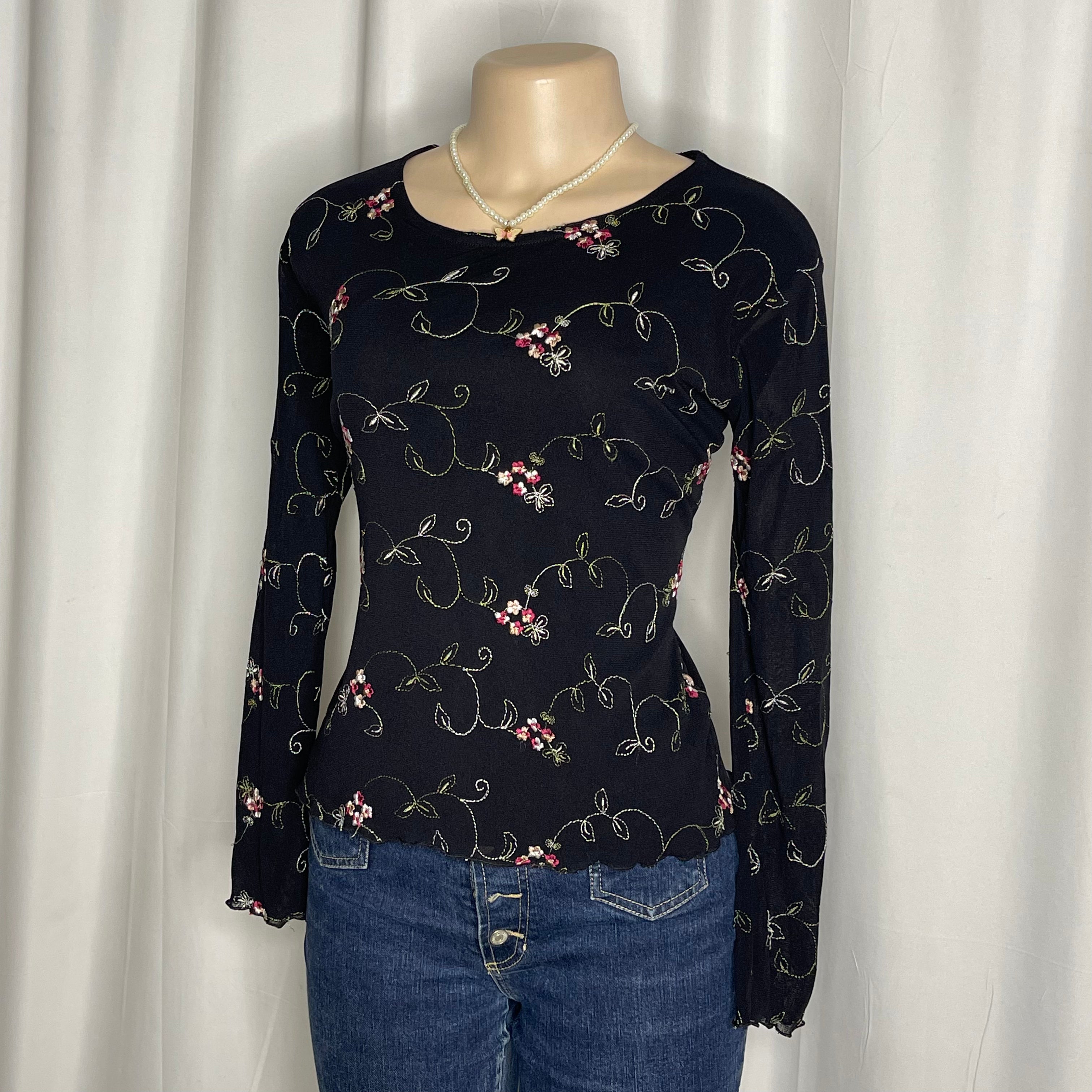 Floral Embroidered Mesh Long-sleeve Top