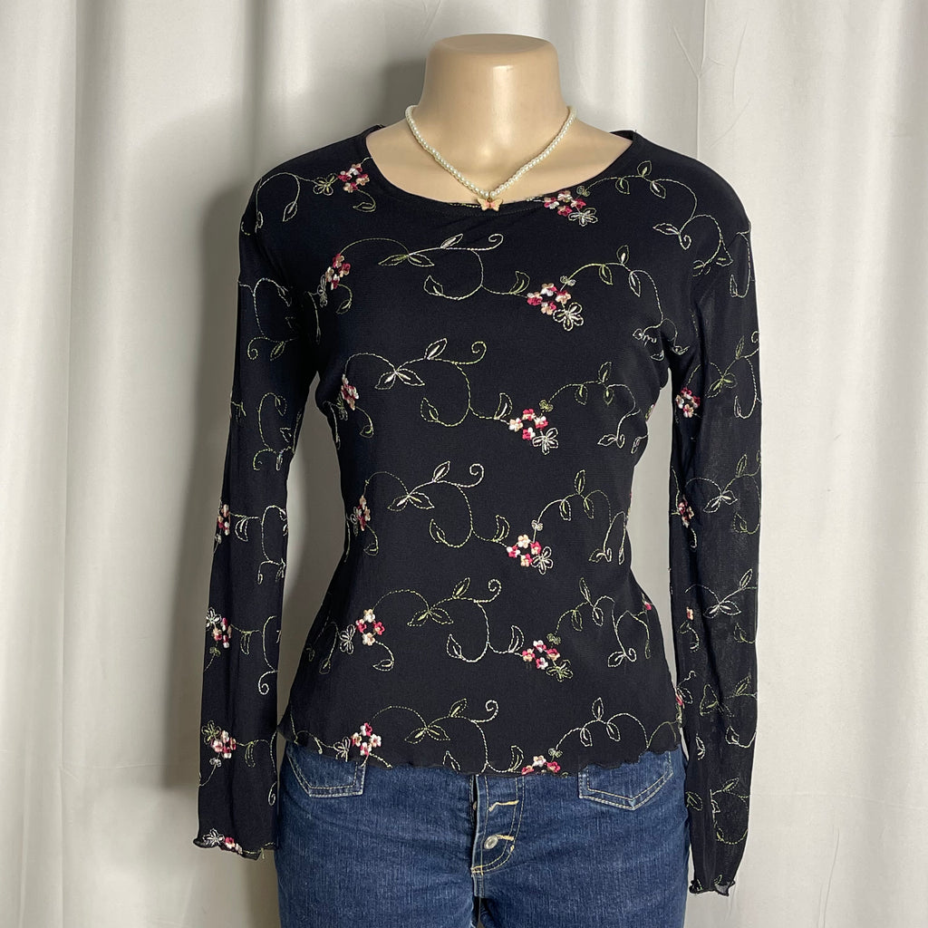 Floral Embroidered Mesh Long-sleeve Top